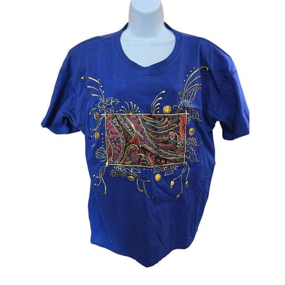 VTG Handpainted Blue T-Shirt With Paisley Design & Gold Accents Wearable art - Picture 1 of 7